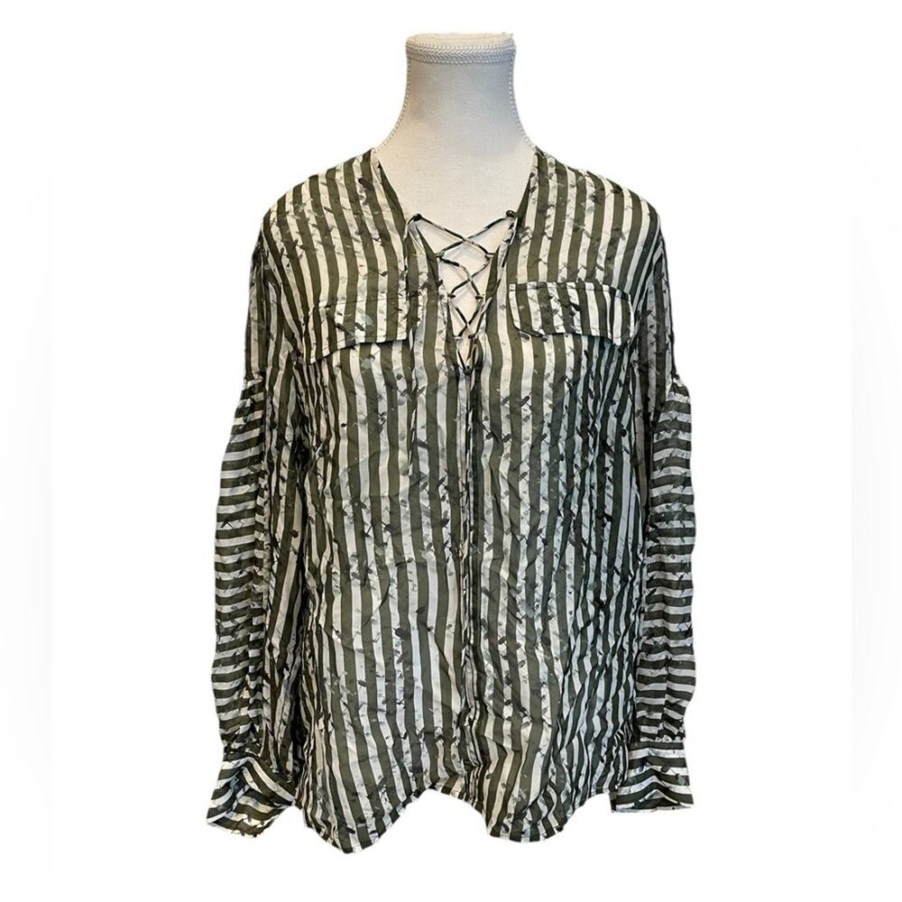 LALA BERLIN SILK Striped Lace Up Blouse Size M